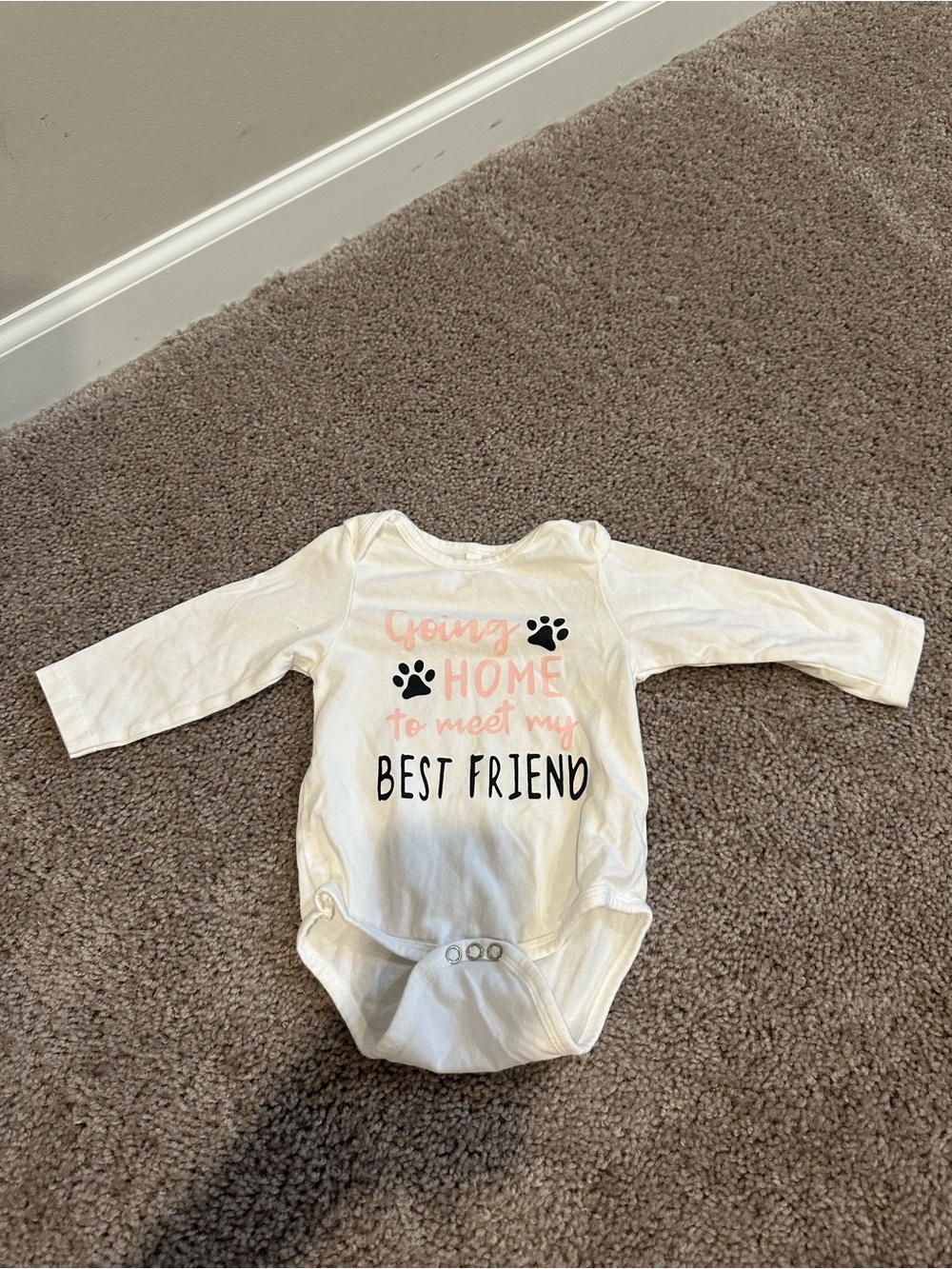 White Long-Sleeve Baby Onesie - "Going Home to Meet My Best Friend"
